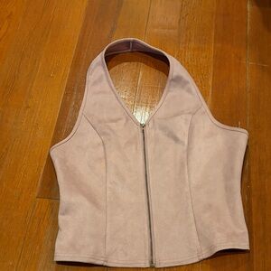 Sleeveless Zip Front Blush Pink Suede-Look Crop Top Halter top